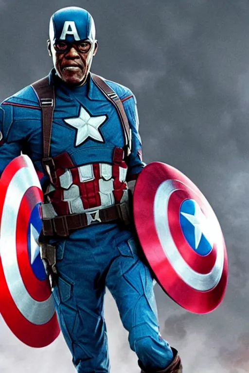 Prompt: film still of Samuel L Jackson as Captain America in new Avengers film