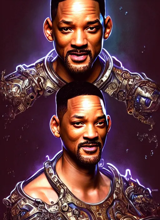 Prompt: portrait of will smith, d & d, wet, shiny, fantasy, intricate, elegant, hyper detailed, ultra definition, photoreal, artstation, unreal engine rendered, concept art, smooth, sharp focus, illustration, art by artgerm and greg rutkowski and alphonse mucha and garis edelweiss