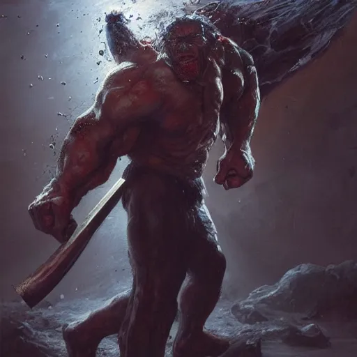 Image similar to artstation concept a midnight blue hulk jolding a meat cleaver, dusty, hyperdetailed, artstation trending, world renowned artists, worth 1 0 0 0. com, historic artworks society, antique renewel, cgsociety, by greg rutkowski, by gustave dore, deviantart