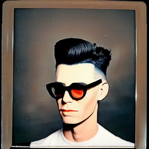 Image similar to Colorized Stylistic Portrait of Andy Warhol with shutter shades and a high top fade pompadour fade short hairstyle, taken in the 1970s, photo taken on a 1970s polaroid camera, grainy, real life, hyperrealistic, ultra realistic, realistic, highly detailed, epic, HD quality, 8k resolution, body and headshot, film still, front facing, front view, headshot and bodyshot, detailed face, very detailed face