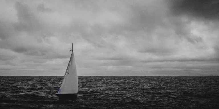 Prompt: a black and white photo of a stormy ocean with a single small boat in the waves, an album cover by hallsteinn sigurðsson, trending on behance, optical illusion, chillwave, concert poster, poster art, geometric, noise