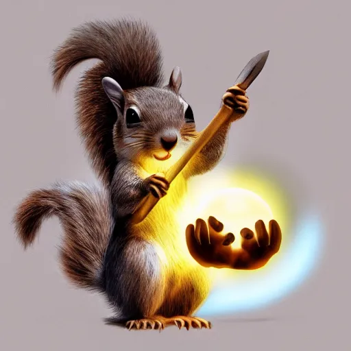 Image similar to A squirrel holding a glowing sphere in one paw and a sword in the other, fantasy illustration