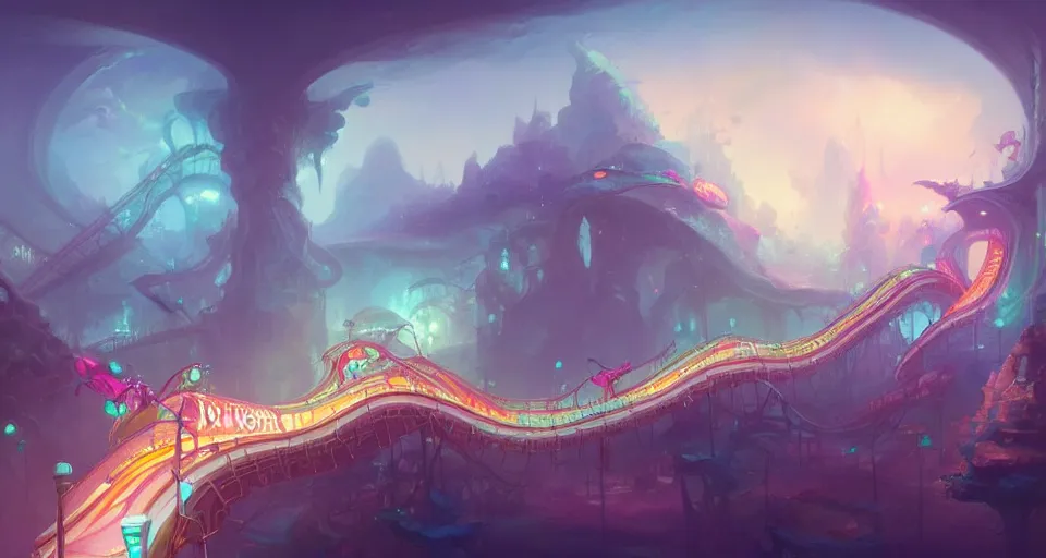 Image similar to a roller coaster with Pastel coloring by peter mohrbacher, vivid colors, matte painting, 8K, concept art, mystical color scheme, trending on artstation