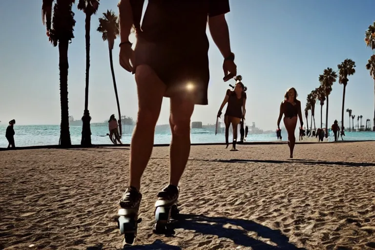Prompt: cinematography of bigfoot wearing sunglasses walking down the Venice beach boardwalk surrounded by beautiful women on rollerblades by Emmanuel Lubezki