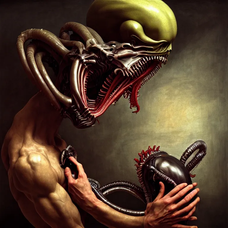 Image similar to portrait of a beautiful man kissing xenomorph by hieronymus bosch, soft bloom lucid dream - like ethereal dark atmosphere, baroque portrait painting, perfect composition, intricate detailed octane render trending on artstation, 8 k artistic photography, volumetric cinematic perfect light, chiaroscuro, masterpiece, raphael, caravaggio, rutkowski, beeple, beksinski