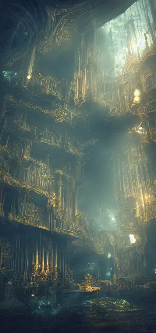 Prompt: pipe organ underwater with gold trim, by peter mohrbacher dan mumford craig mullins nekro, cgsociety, pixiv, volumetric light, 3 d render, smoke, dark fog, high contrast colors, lost atlantis