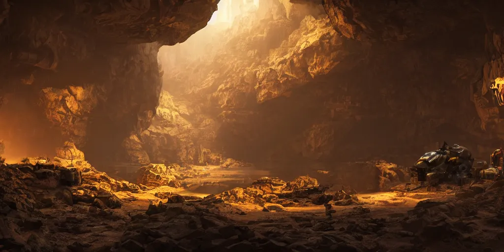 Image similar to mechanoids mining resources in a cyberpunk cave with minimal lighting in the style of thomas cole, cinematic lighting, raytracing, 8 k, octane render, volumetric, vivid, beautiful, hyperrealism