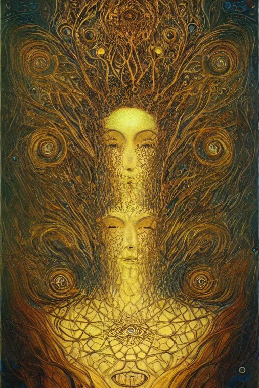 Image similar to Tree of Life by Karol Bak, Jean Deville, Gustav Klimt, and Vincent Van Gogh, mysterious portrait of sacred geometry, Surreality, radiant halo, otherworldly, enigma, fractal structures, celestial, arcane, ornate gilded medieval icon, third eye, spirals