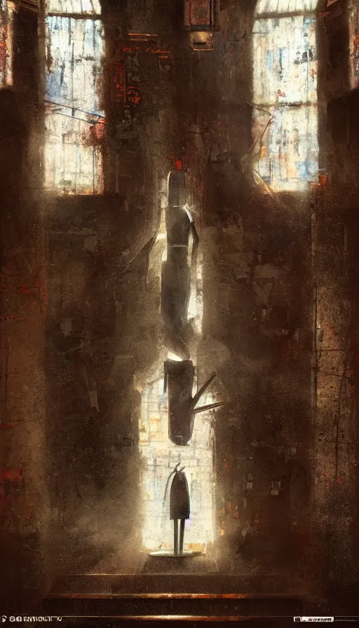 Image similar to portrait of broken humanoid metal robot praying in empty church, sunshine through window, bladerunner, cold color scheme, digital illustration, artstation, cinematic composition