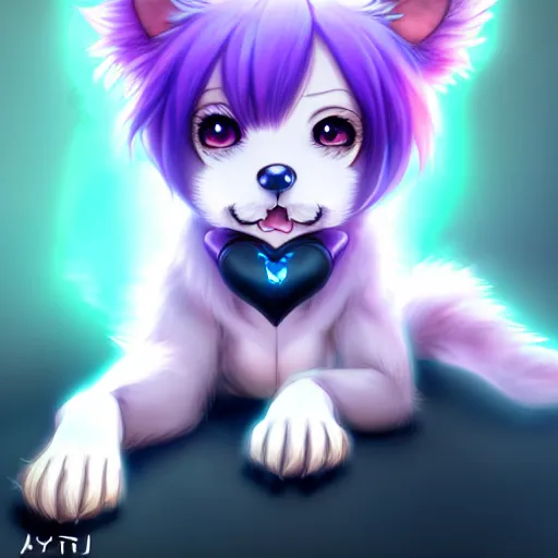 Image similar to advanced full body digital anime art, cute anime female dog hybrid, short white hair, purple watery eyes, dog paws for arms and legs and a big dog tail , full round face :: cinematic lighting, rim lighting, very highly intricately detailed, trending on pixiv :: Steven Artgerm Lau, WLOP, RossDraws, RuanJia, James Jean, Andrei Riabovitchev, Totorrl, Marc Simonetti, Visual Key, and Sakimichan