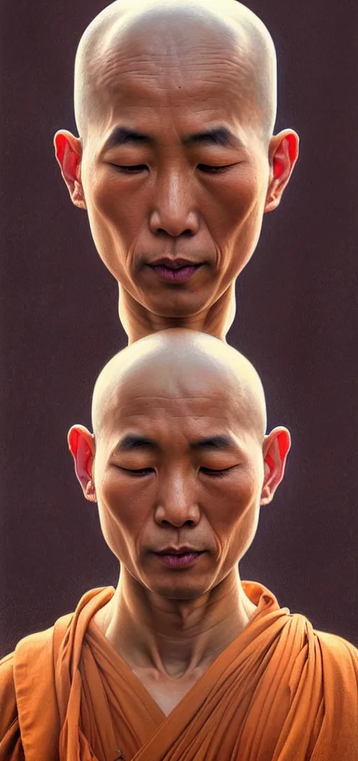 Image similar to ultra realistic illustration, a serene buddhist monk experiencing ego death, intricate, elegant, highly detailed, digital painting, artstation, concept art, smooth, sharp focus, illustration, art by artgerm and greg rutkowski and alphonse mucha, by rene magritte, surrealism!!!