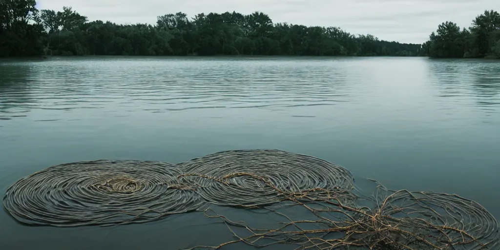 Prompt: centered photograph of a rope snaking across the surface of the water into the distance, floating submerged rope stretching out towards the center of the lake, a dark lake on a cloudy day, color film, trees in the background, hyper - detailed photo, anamorphic lens