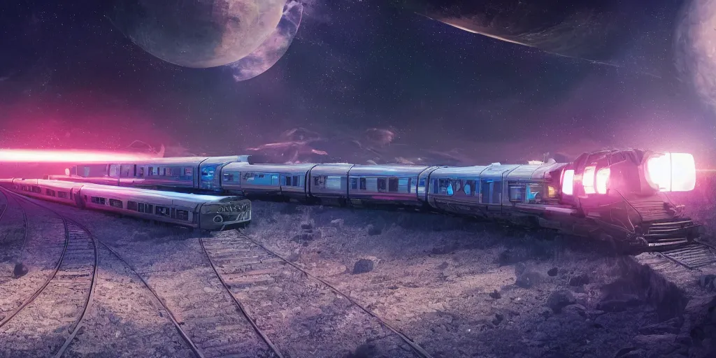 Image similar to inter dimensional sci - fi train far future, travelling across the stars, cosmos, galaxy, concept art, dreamy, render by octane and blender, hyper realistic, cinematic lighting, unreal engin 5, by dominic mayer, 8 k, vray render, artstation, deviantart