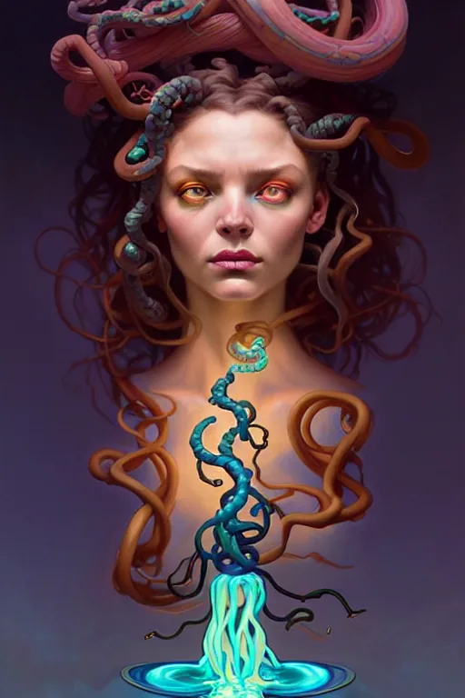 Image similar to portrait, bioluminescent medusa, elegant baroque, asymmetrical art, hyperrealism, colorful, vivid, imposing, epic, digital painting, artstation, concept art, by peter mohrbacher and wlop and rhads and artgerm and magali villeneuve and alphonse mucha