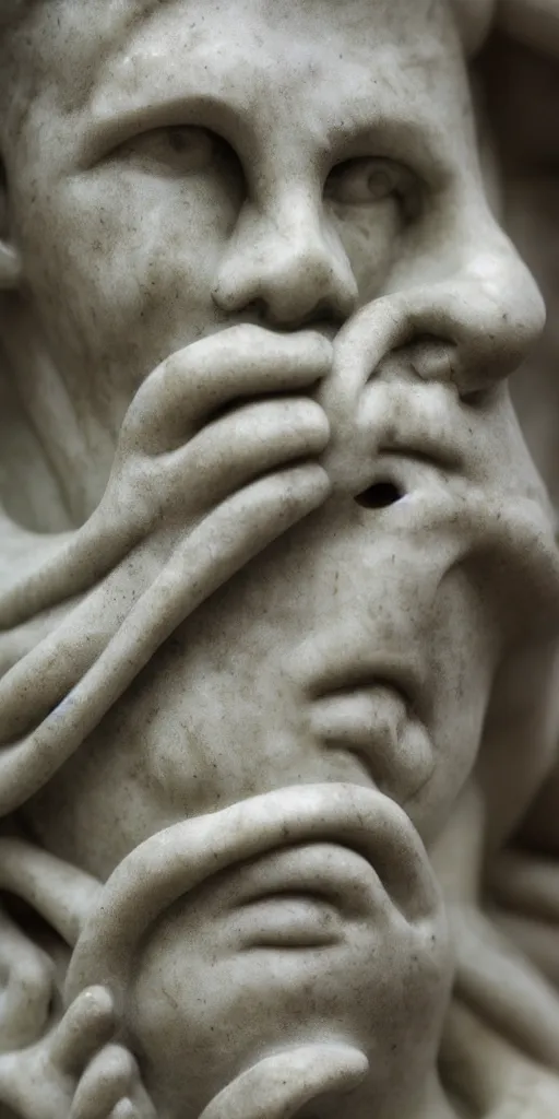 Image similar to weird marble statue close up in a dark room, creepy and eerie athmosphere, mist, godrays, photorealistic, hd,