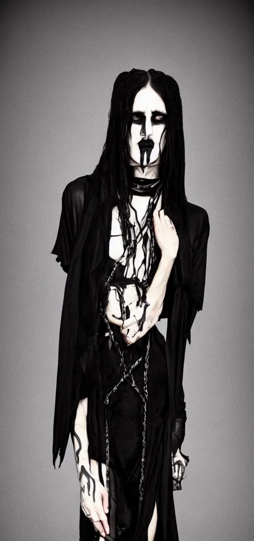 Image similar to goth rendition of a cult leader wearing rick owens