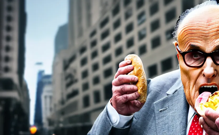 Image similar to photograph of Rudy Giuliani eating a bagel, one point perspective, 1-point perspective, tilt shift, sigma 85mm f/1.4, 4k, depth of field, high resolution, 4k, 8k, hd, full color