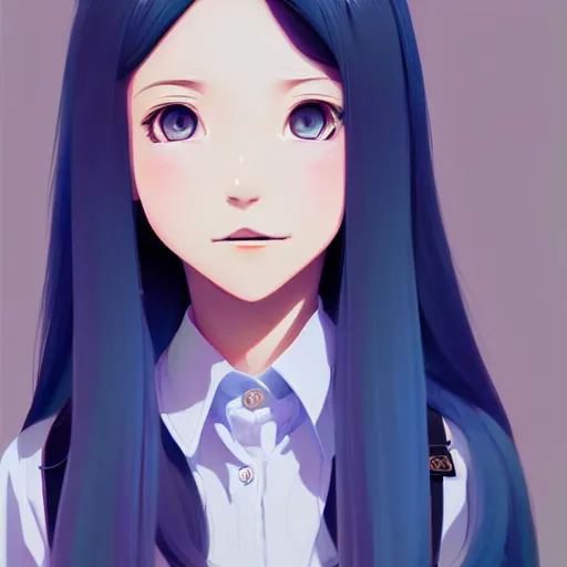 Image similar to urban school girl in shirt fanart, dark blue long hair, muted colors, matte print, pastel colors, ornate, digital art, cute smile, digital painting, fan art, elegant, pixiv, by Ilya Kuvshinov, by Studio Ghibli