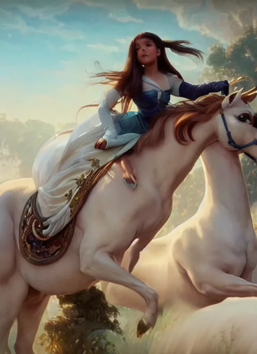 Prompt: ariana grande riding a unicorn, cinematic shot, 8 k, art by artgerm and greg rutkowski and alphonse mucha, movie screenshot