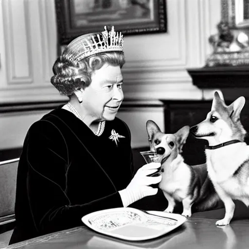 Image similar to tabloid photo of queen elizabeth having gin martinis with her corgis who are also having gin martinis, the corgis are wearing sweaters, royal palace interior, natural sunlight, soft focus, highly detailed, depth of field