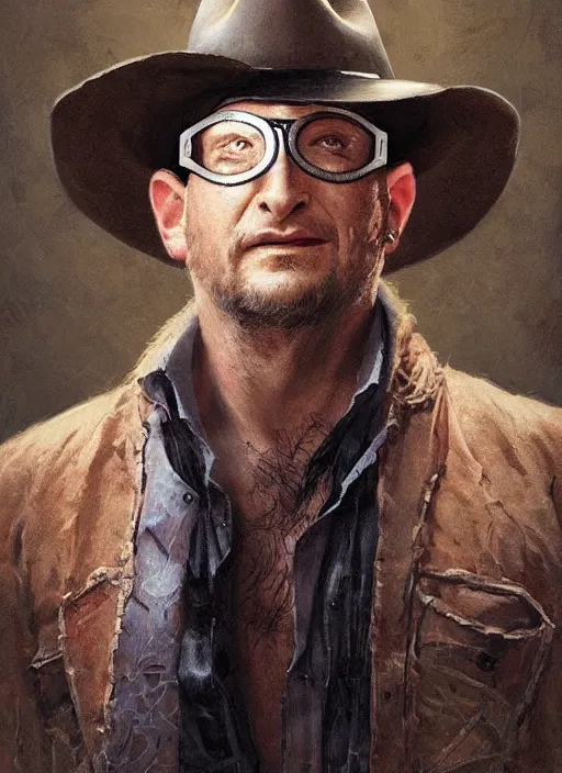 Image similar to Portrait Tim Robinson (from I Think You Should Leave) in a cowboy hat and eye mask disguise, marvel comics, dark, intricate, highly detailed, smooth, artstation, digital illustration by Ruan Jia and Mandy Jurgens and Artgerm and Wayne Barlowe and Greg Rutkowski and Frank Frazetta