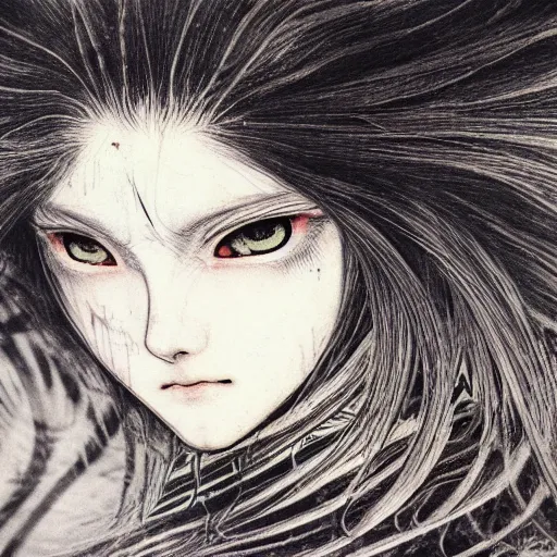 Image similar to Yoshitaka Amano realistic illustration of an anime girl with black eyes, wavy white hair fluttering in the wind and cracks on her face wearing Elden ring armour with engraving, abstract black and white patterns on the background, noisy film grain effect, highly detailed, Renaissance oil painting, weird portrait angle, blurred lost edges