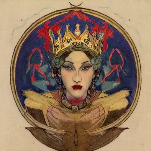 Image similar to the lantern crown, by Annie Swynnerton and Nicholas Roerich and (((Edmund Dulac))), embroidered brocade, tattoos, elaborate costume, geometric ornament, symbolist, rich colors, dramatic lighting, smooth, sharp focus, extremely detailed