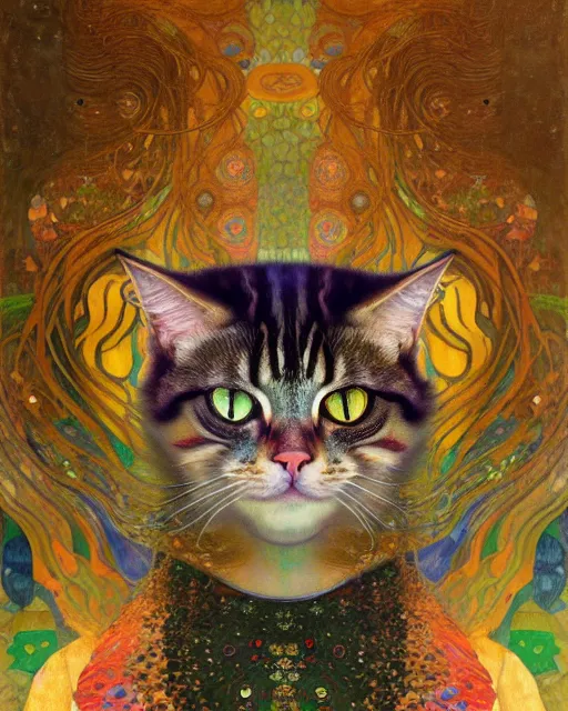 Image similar to forest cat portrait an oil painting splashes with many colors and shapes by gustav klimt greg rutkowski and alphonse mucha, polycount, generative art, psychedelic, fractalism, glitch art