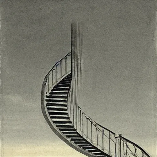 Prompt: infinite staircase, disappearing into the horiton, drawing by casper david friedrich
