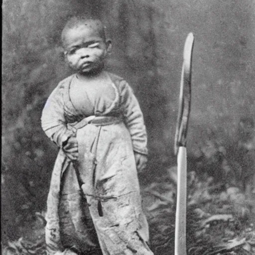 Image similar to a photograph of a baby with a machete taken in 1 8 9 0