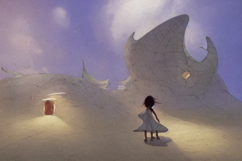 Prompt: atmospheric painting of a giant seashell house, a young girl stands outside, by moebius and john harris, atmospheric blues, concept art, saturation 40