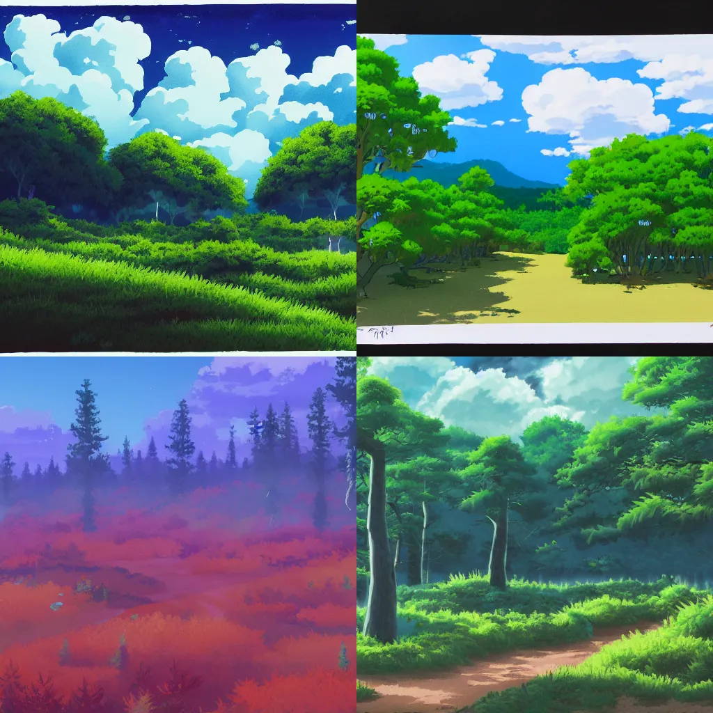 Prompt: forest with bue sky and clouds , very detailed sharp upscaled 8k gouache painting by kyoto animation