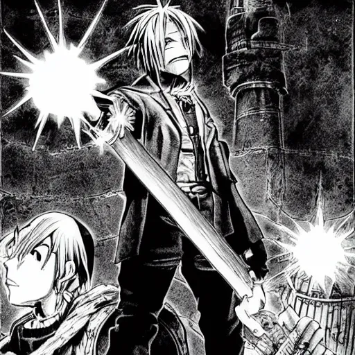 Prompt: full metal alchemist by Mark Twain classic illustration etching ink soft lighting