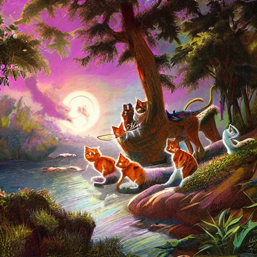 Image similar to a beautiful scenic painting of a group of adventurers cats