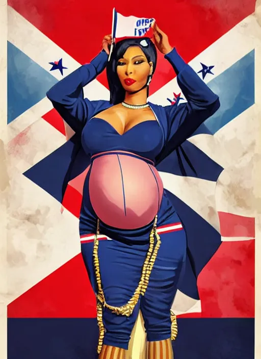 Image similar to pregnant nicki minaj in nazi uniform, president election usa propaganda poster, usa flags in the background, colored, artgerm, highly detailed