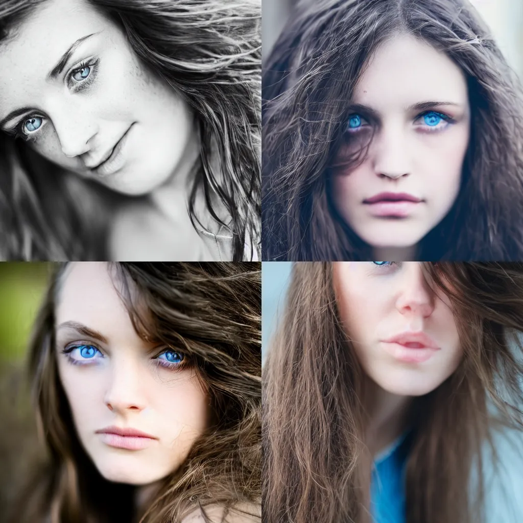 Prompt: a beautiful portrait of a long-haired brunette young woman with intense blue eyes, up close, nostalgic, dreamy, moody, soft light, Nikon 50mm f1.8