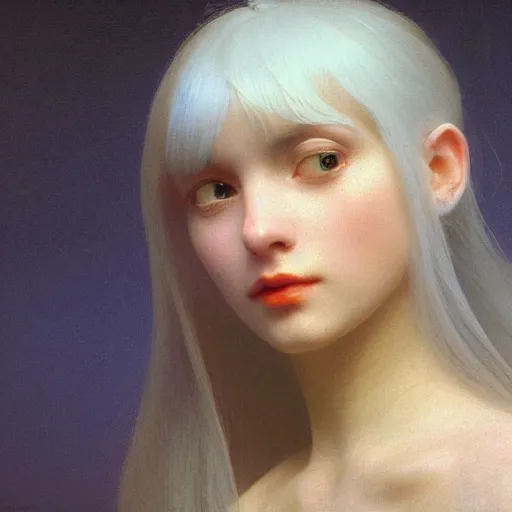 Image similar to young woman's face, her hair is white and she wears a cobalt blue satin cloak, by ivan aivazovsky and syd mead and moebius and gaston bussiere and roger dean and wojciech siudmak and pieter claesz and paul delaroche and alma tadema and aelbert cuyp, hyperrealistic, volumetric light, octane render