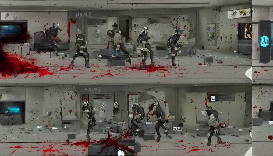 Image similar to 1994 Video Game Deathcam Screenshot, Anime Neo-tokyo Cyborg bank robbers vs police, Set inside of the Bank Lobby, Multiplayer set-piece in bank lobby, Tactical Squad :9, Police officers under heavy fire, Police Calling for back up, Bullet Holes and Blood Splatter, :6 Gas Grenades, Riot Shields, Large Caliber Sniper Fire, Chaos, Anime Cyberpunk, Anime Bullet VFX, Machine Gun Fire, Violent Gun Action, Shootout, Escape From Tarkov, Intruder, Payday 2, 8k :4 by Katsuhiro Otomo: 9