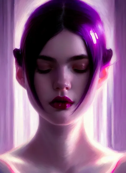 Image similar to portrait of pale teenage girl, red irises, black hair, white bangs, purple lipstick, intricate, elegant, glowing lights, highly detailed, digital painting, artstation, concept art, smooth, sharp focus, illustration, art by wlop, mars ravelo and greg rutkowski