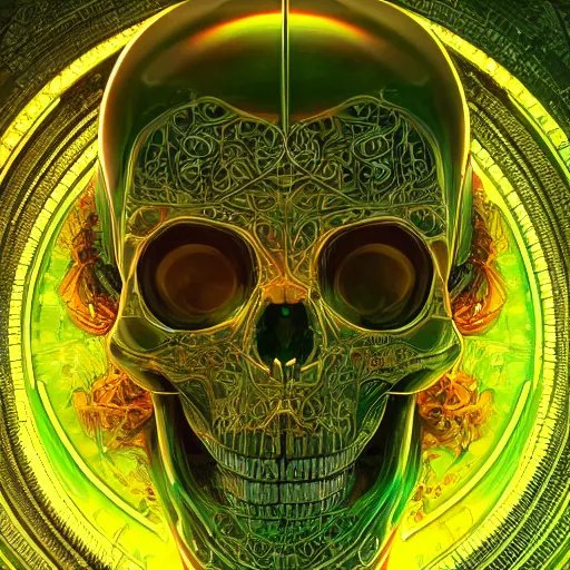 Image similar to hyperdetailed robotic skeleton, green neon heart, symetry, golden ratio, intricate, detailed, volumetric lighting, scenery, digital painting, highly detailed, artstation, sharp focus, illustration, artstation, art by artgerm and greg rutkowski and alphonse mucha