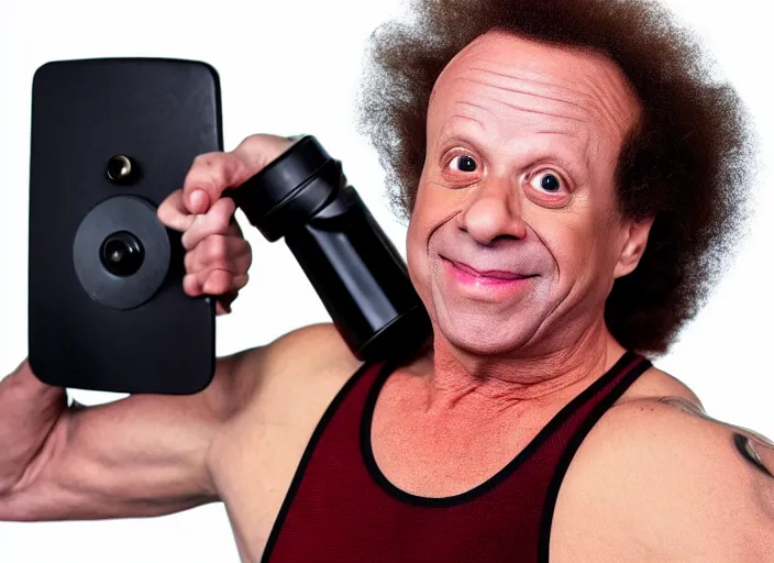 Image similar to a scene from a 2 0 2 2 s black phone, richard simmons is in spandex ringing a doorbell, grindhouse, folk horror, hauntology, 8 k, 8 5 mm f 1. 8, studio lighting, rim light, right side key light