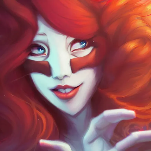 Image similar to a portrait of a cinematic still of the happy mask salesman with red hair, art by lois van baarle and loish and ross tran and rossdraws and sam yang and samdoesarts and artgerm and saruei and disney, digital art, highly detailed, intricate, sharp focus, trending on artstation hq, deviantart, unreal engine 5, 4 k uhd image