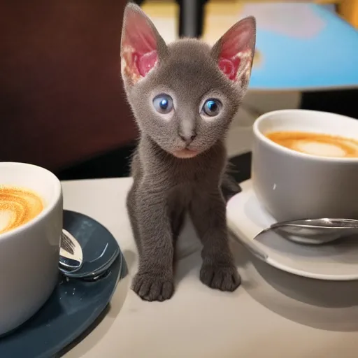 Prompt: photograph of a korat kitten drinking a cappuccino