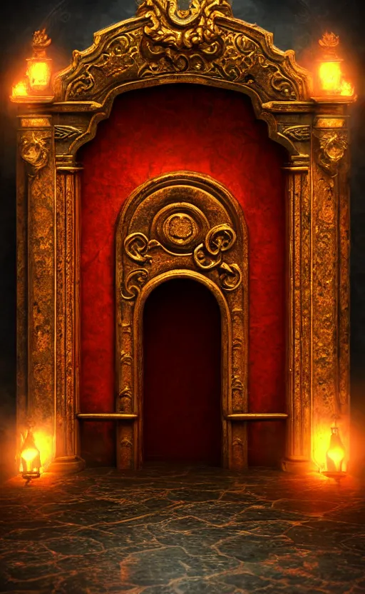 Prompt: a ornamental gate into hell, ornament, intarsia, portal, doorway, dynamic lighting, ambient lighting, atmospherical, photorealistic fantasy concept art, trending on art station, stunning visuals, creative, cinematic, ultra detailed