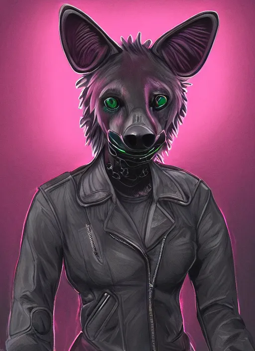 Image similar to cell shaded digital drawing of anthromorphic hyena female, fursona, furry fandom, neon rainy cyberpunk setting, anthro, wearing cyberpunk leather jacket, detailed face,