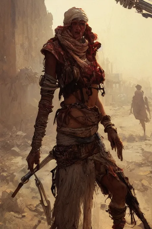 Image similar to a full body portrait of a beautiful post apocalyptic offworld butchers district bedouin blind pulp fiction scarlet wild rogue barbarian leper begging by the roadside, intricate, elegant, highly detailed, digital painting, artstation, concept art, smooth, sharp focus, illustration, art by krenz cushart and artem demura and alphonse mucha