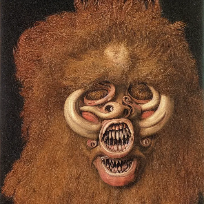 Image similar to close up portrait of a mutant monster creature with crooked boar - like teeth, flower iris eyes, ingrown nose, spidery mustache, lace and manbun. jan van eyck