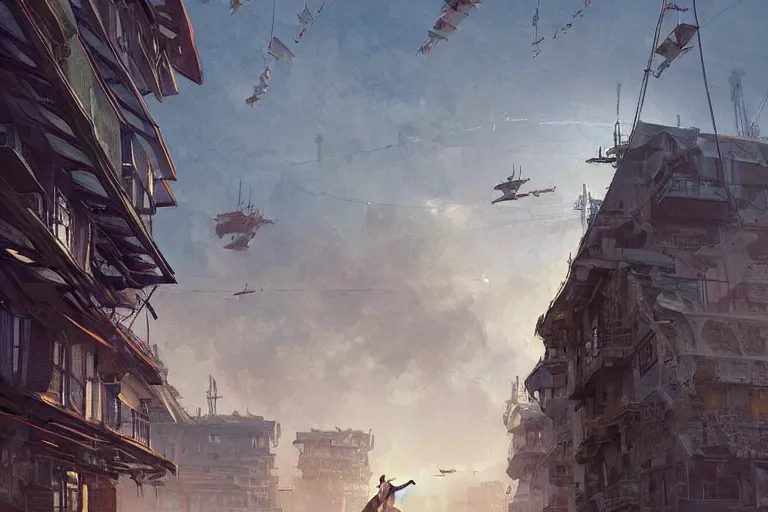 Prompt: a man and his son are looking up, as flying sailboats fly between the buildings, solarpunk, intricate, concept art, artstation, by greg rutkowski, dramatic lighting