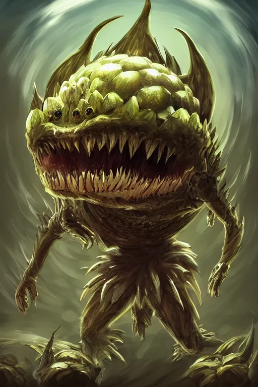 Image similar to a humanoid figure artichoke monster with large sphere eyes and a voracious mouth, highly detailed, digital art, sharp focus, trending on art station, plant, anime art style