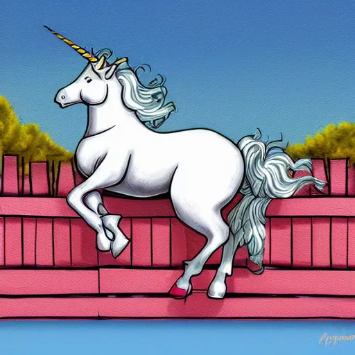 Prompt: an overweight unicorn pegasis flying over a fence, digital painting